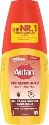 Weiße Pumpspray-Flasche mit rot-gelbem Etikett, Aufschrift Autan Zeckenschutz Insektenschutz, dazu die Angaben 12h, ab 2 Jahren, ideal für bewaldete Gebiete, Gräser und Wiesen, schützt auch vor Mücken und 100 ml Pumpspray