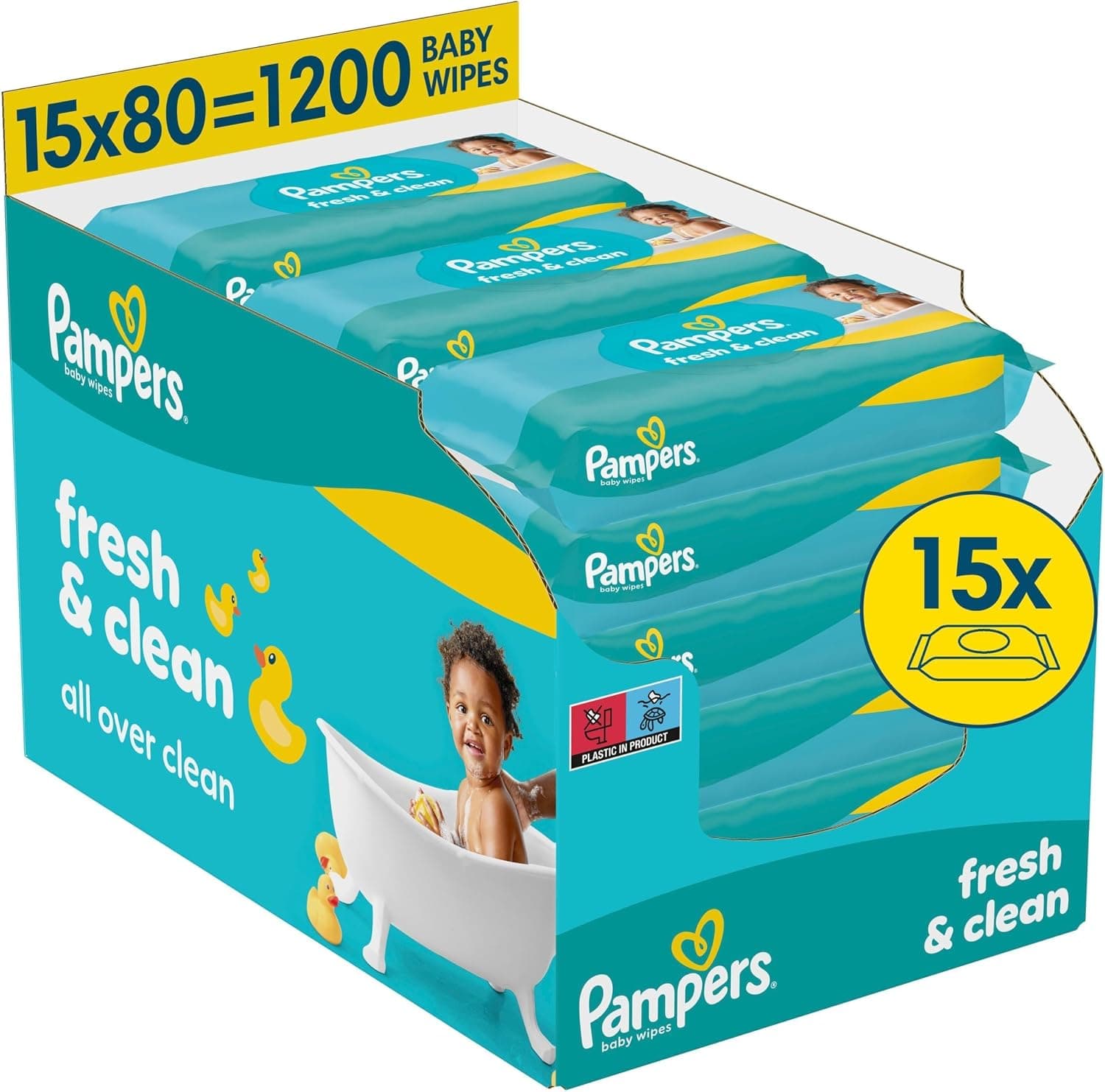Türkis-gelber Pampers-Karton mit der Aufschrift 15x80 gleich 1200 Baby Wipes, darin sichtbar gestapelte Päckchen Fresh und Clean mit einem Baby in einer Badewanne auf der Vorderseite