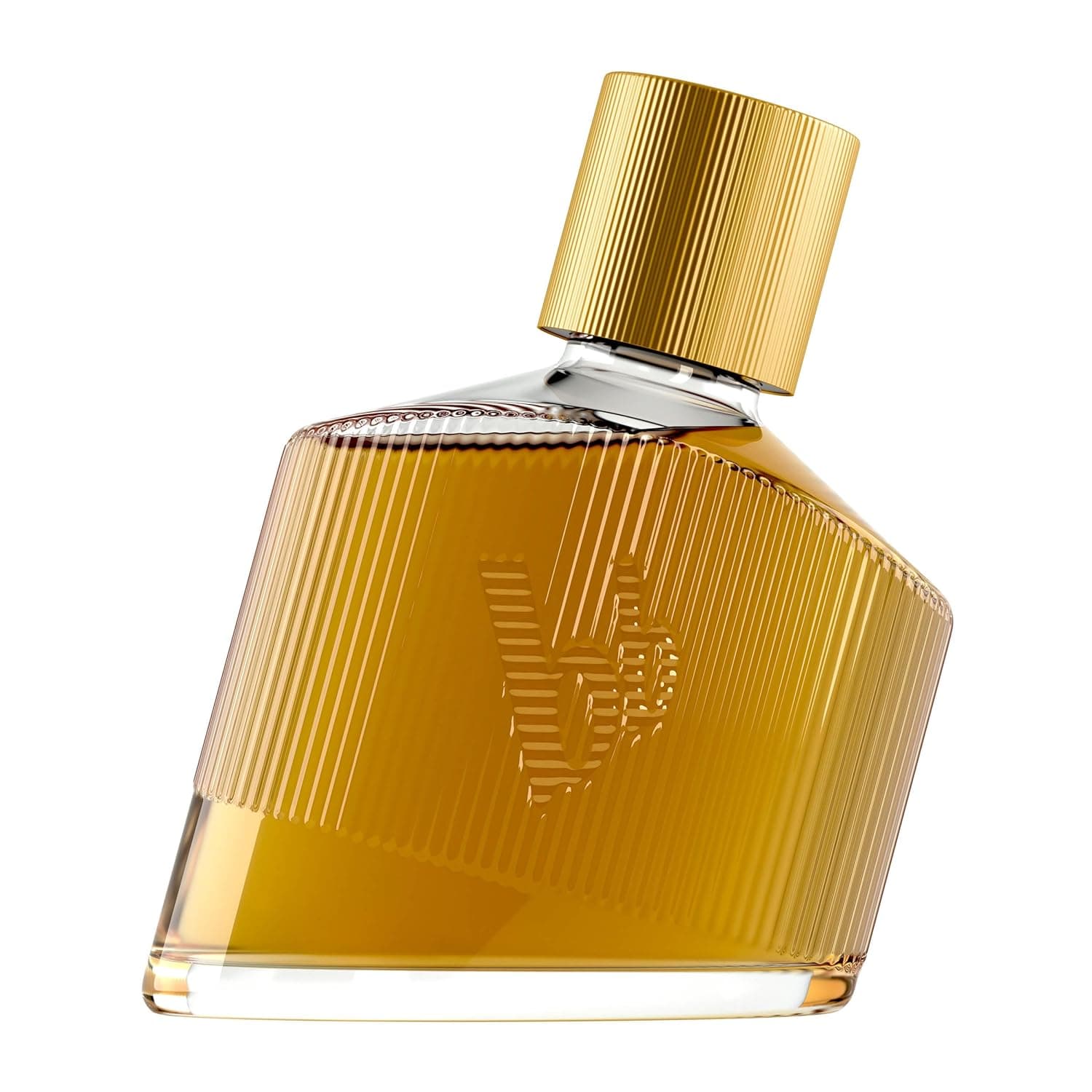 Bernsteinfarbener, geriffelter Flakon des bruno banani Man's Best mit goldenem Verschluss und eingeprägtem bb-Monogramm