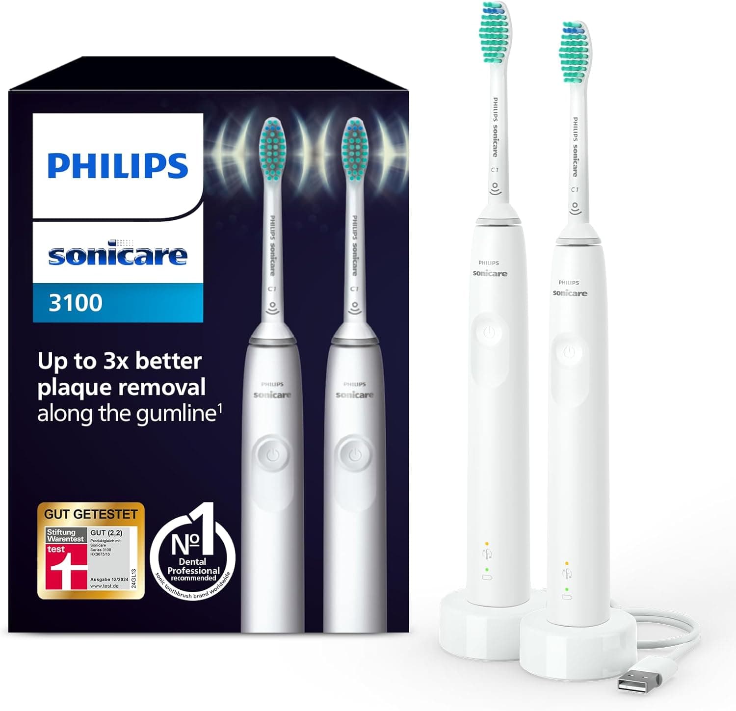 Dunkelblauer Karton Philips Sonicare 3100 mit Prüfsiegel der Stiftung Warentest, daneben zwei weiße Zahnbürsten mit Ladestationen