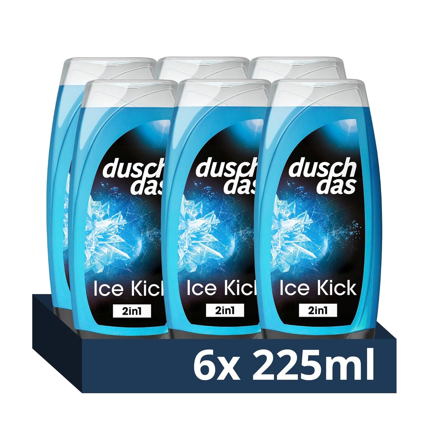Sechs blaue Duschdas-Flaschen mit schwarzem Etikett und der Aufschrift Ice Kick 2in1 auf einem dunkelblauen Tablett mit dem Aufdruck 6x 225 ml