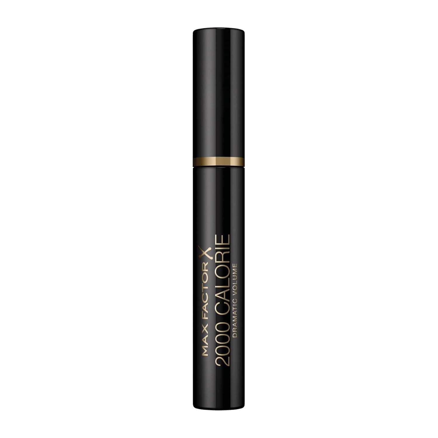 Schlanke schwarze Tube der Max Factor 2000 Calorie Mascara mit goldenem Zierring und goldener Aufschrift