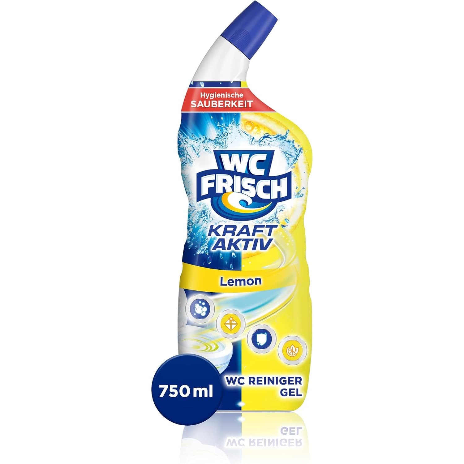 Geschwungene Flasche in Blau und Gelb mit Zitronenmotiv und Wasserstrudel, Aufschrift WC Frisch Kraft Aktiv Lemon, WC Reiniger Gel, 750 ml