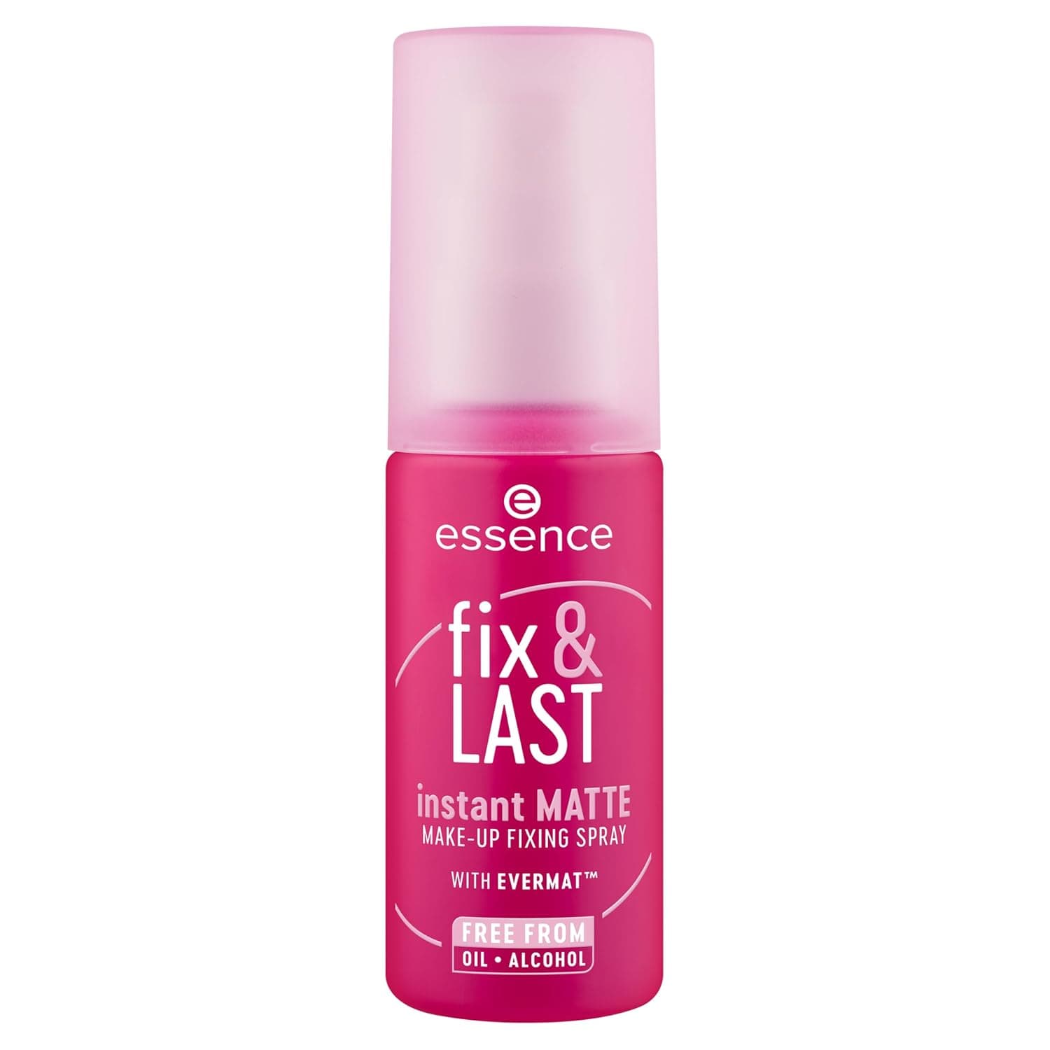Pinkfarbene Sprühflasche mit mattierter rosa Kappe, Aufschrift essence fix and LAST, instant MATTE Make-up Fixing Spray, with Evermat und der Zeile free from oil and alcohol