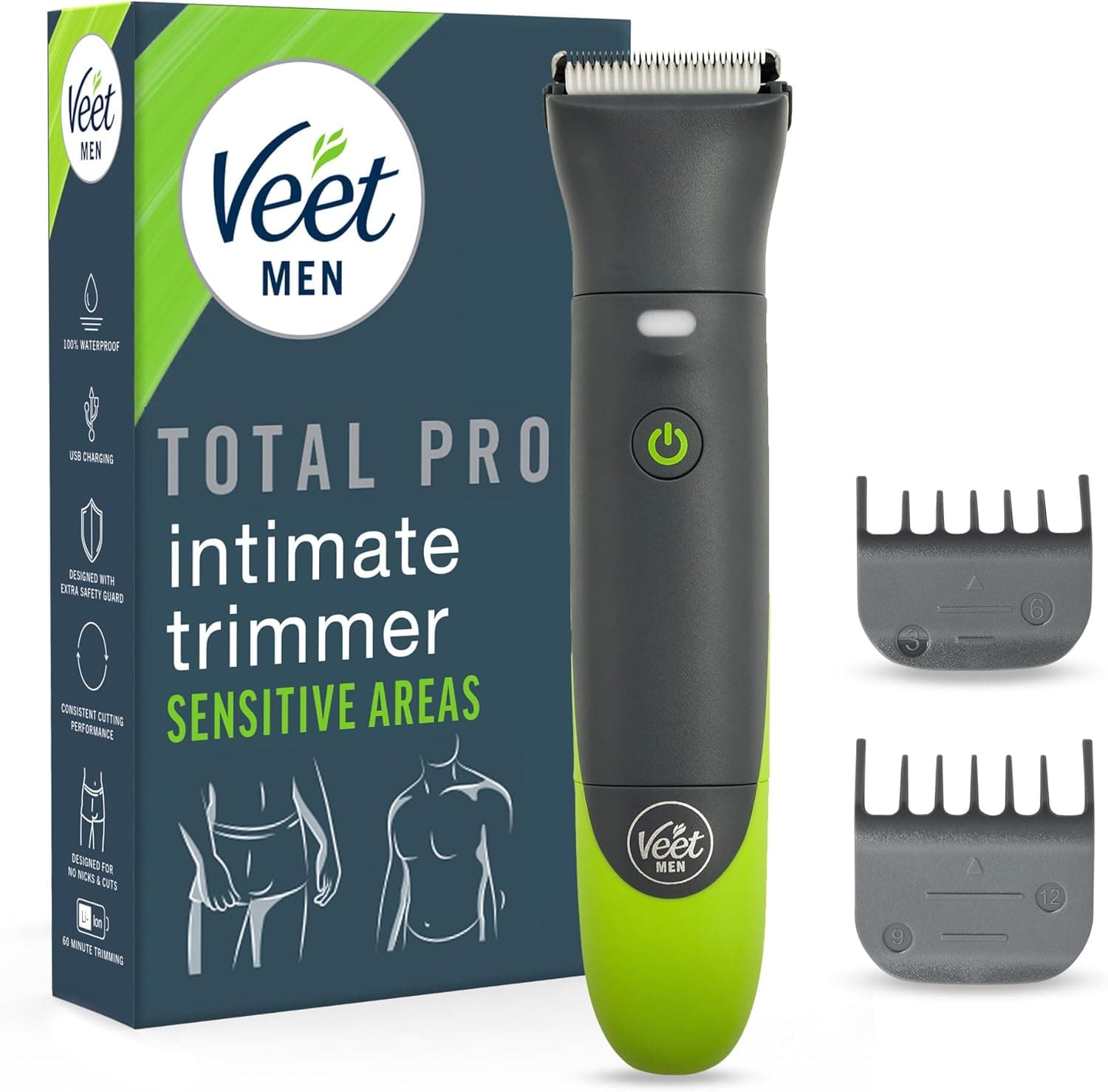 Grau-grüner Veet Men Trimmer vor der dunkelblauen Verpackung Total Pro, daneben zwei graue Kammaufsätze