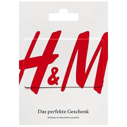 Weiße H&M-Geschenkkarte im Kartenhalter mit dem roten Schriftzug H&M und der Zeile Das perfekte Geschenk