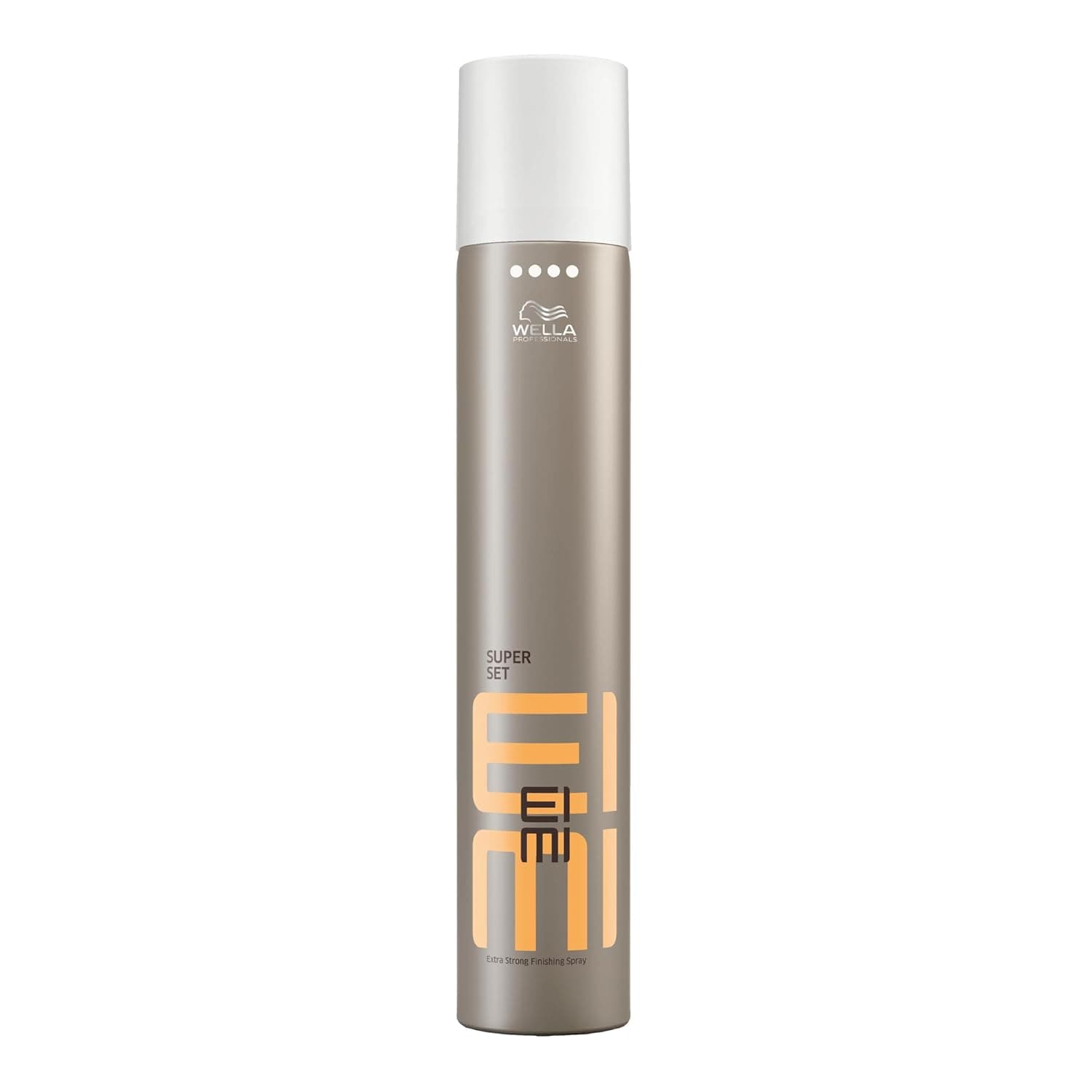 Schlanke taupefarbene Aerosoldose mit weißer Kappe und vier Punkten für den Haltegrad, darauf das Logo von Wella Professionals, die Aufschrift Super Set, der EIMI-Schriftzug und die Zeile Extra Strong Finishing Spray