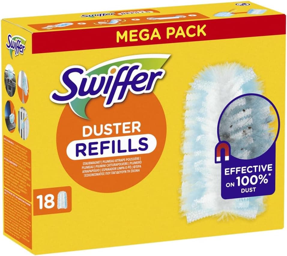 Gelbe Faltschachtel mit rotem Balken und der Aufschrift Mega Pack, Swiffer Duster Refills, Staubmagnet, 18 Tücher, daneben ein blau-weißer Staubwedel und ein blauer Kreis mit der Zeile effective on 100 Prozent dust und einem Sternchen