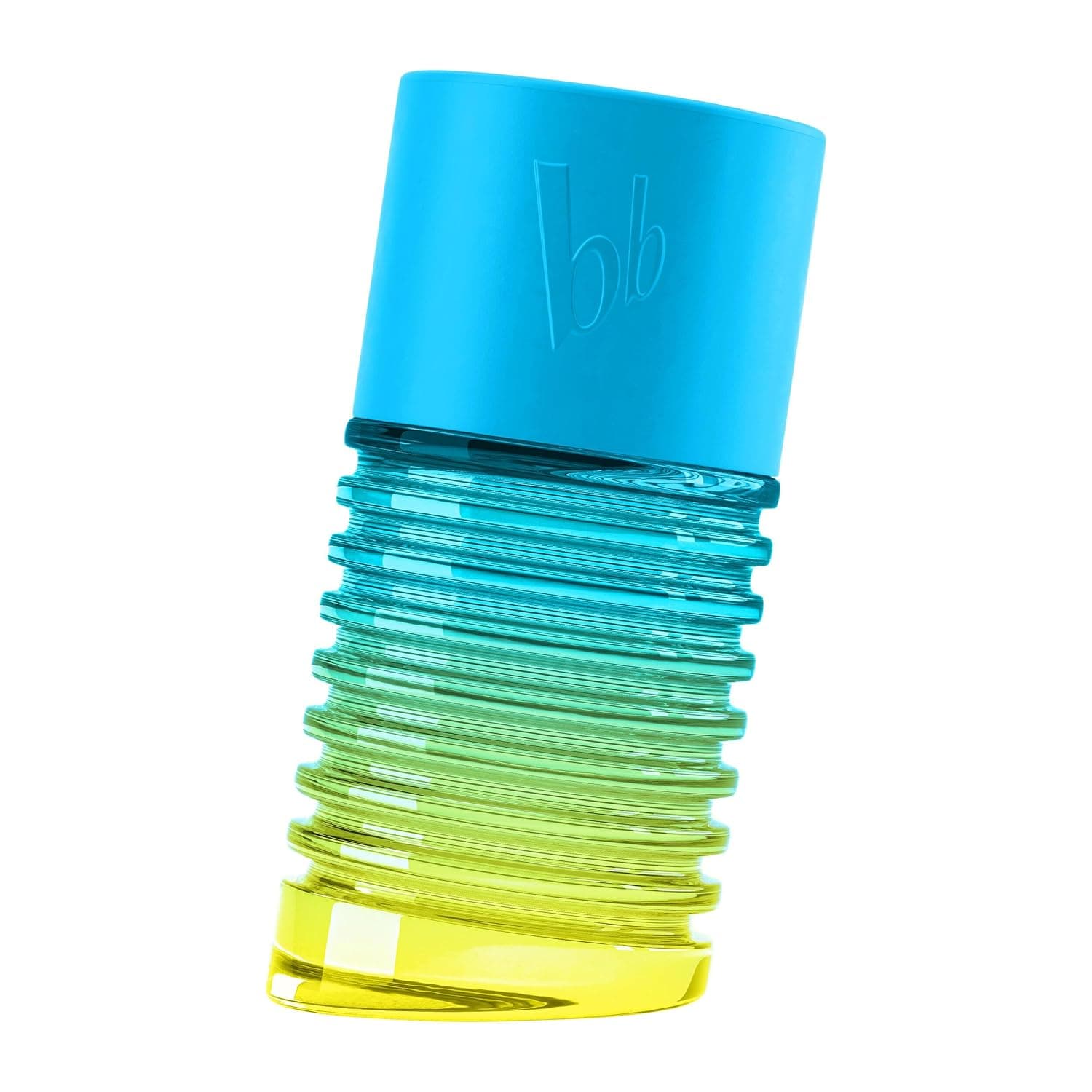 Türkis-grüner, geriffelter Flakon des bruno banani Limited Edition Eau de Toilette mit hellblauer Kappe und eingeprägtem bb-Monogramm
