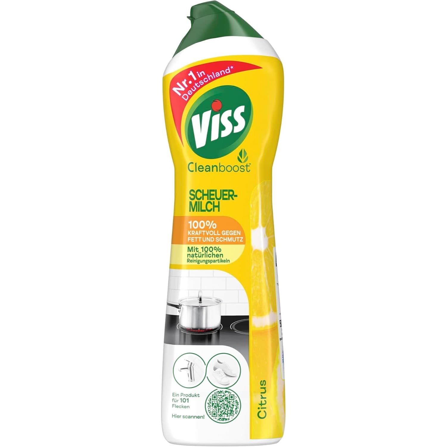 Gelbe Flasche mit grünem Klappverschluss und der Aufschrift Viss Cleanboost Scheuermilch Citrus, 100 Prozent kraftvoll gegen Fett und Schmutz