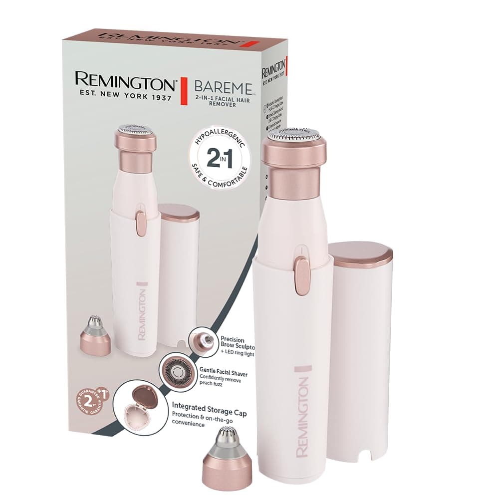 Remington BareMe Gesichtshaarentferner in Weiß und Roségold neben seiner Verpackung und dem Augenbrauen-Aufsatz