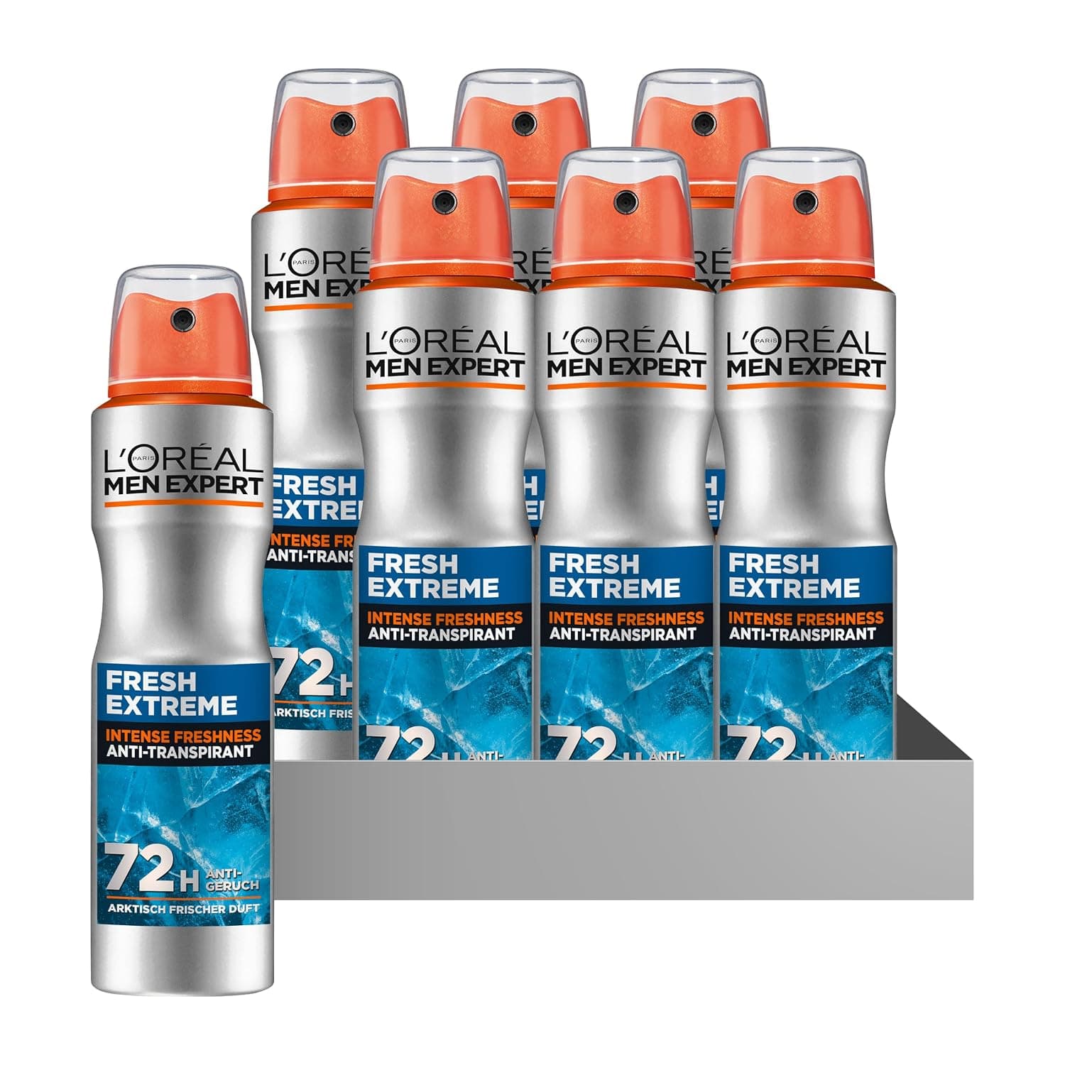 Sechs silberne Dosen L'Oréal Men Expert Fresh Extreme Anti-Transpirant mit oranger Kappe, eine davon vorn stehend