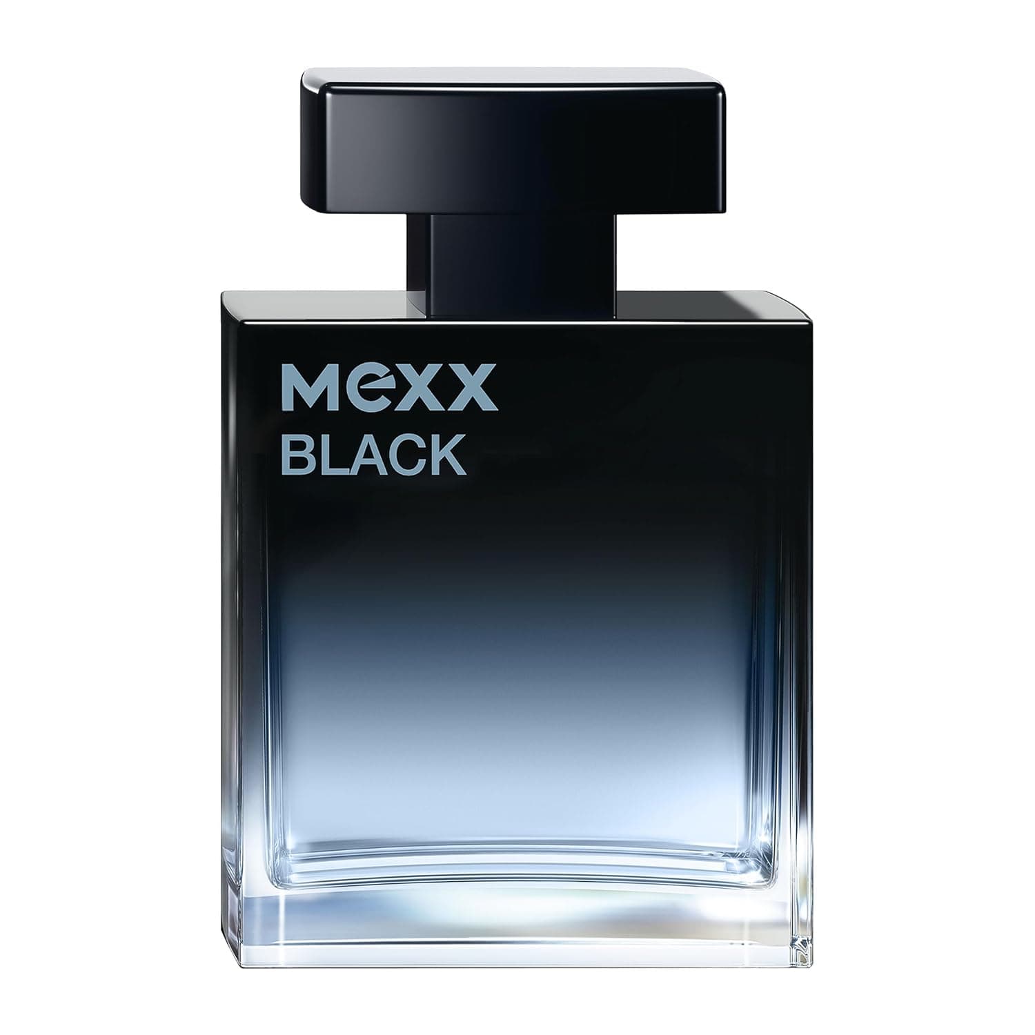Rechteckiger Glasflakon mit Farbverlauf von Schwarz nach Hellblau, kantigem schwarzem Deckel und den hellblauen Schriftzügen MEXX und BLACK