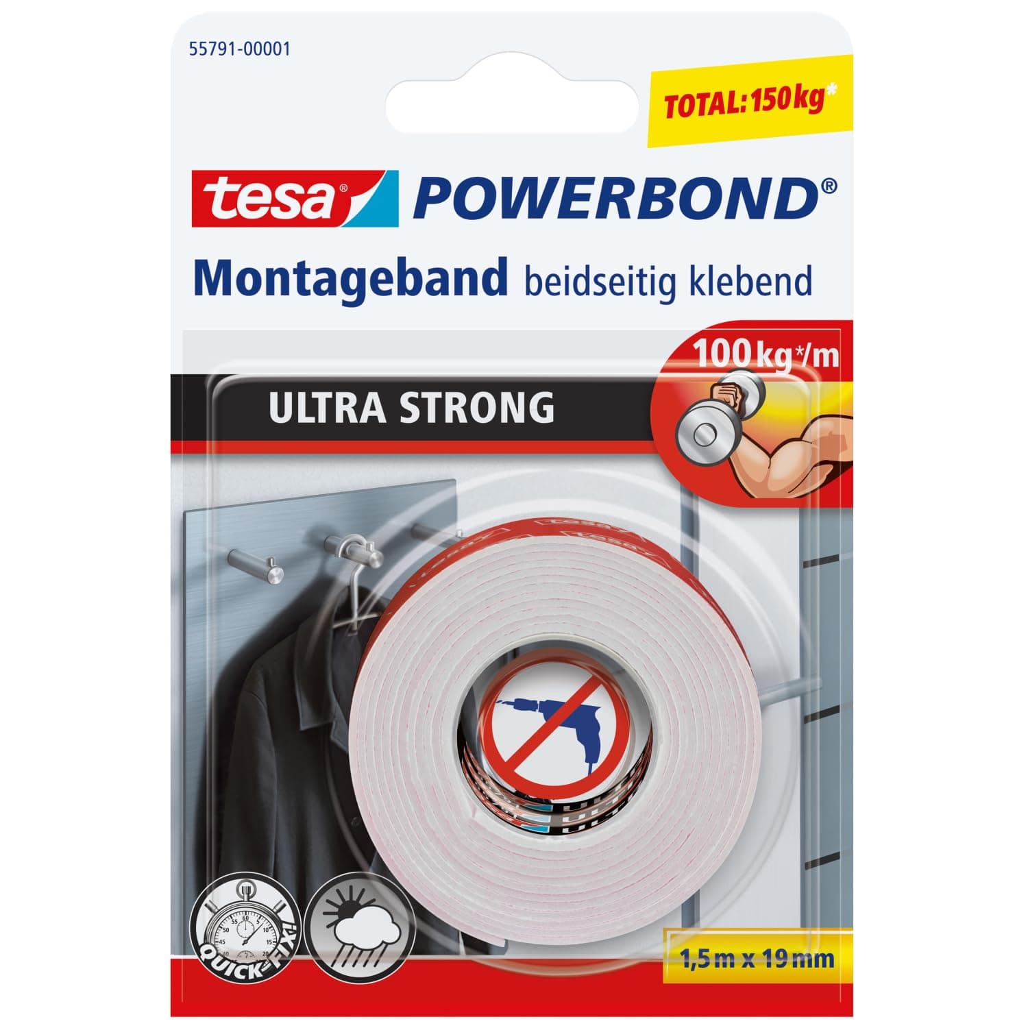 Blisterkarte in Weiß und Rot mit dem tesa-Logo, den Zeilen Powerbond, Montageband beidseitig klebend und Ultra Strong, den Angaben 100 kg je Meter und 1,5 m x 19 mm sowie einer weißen Bandrolle