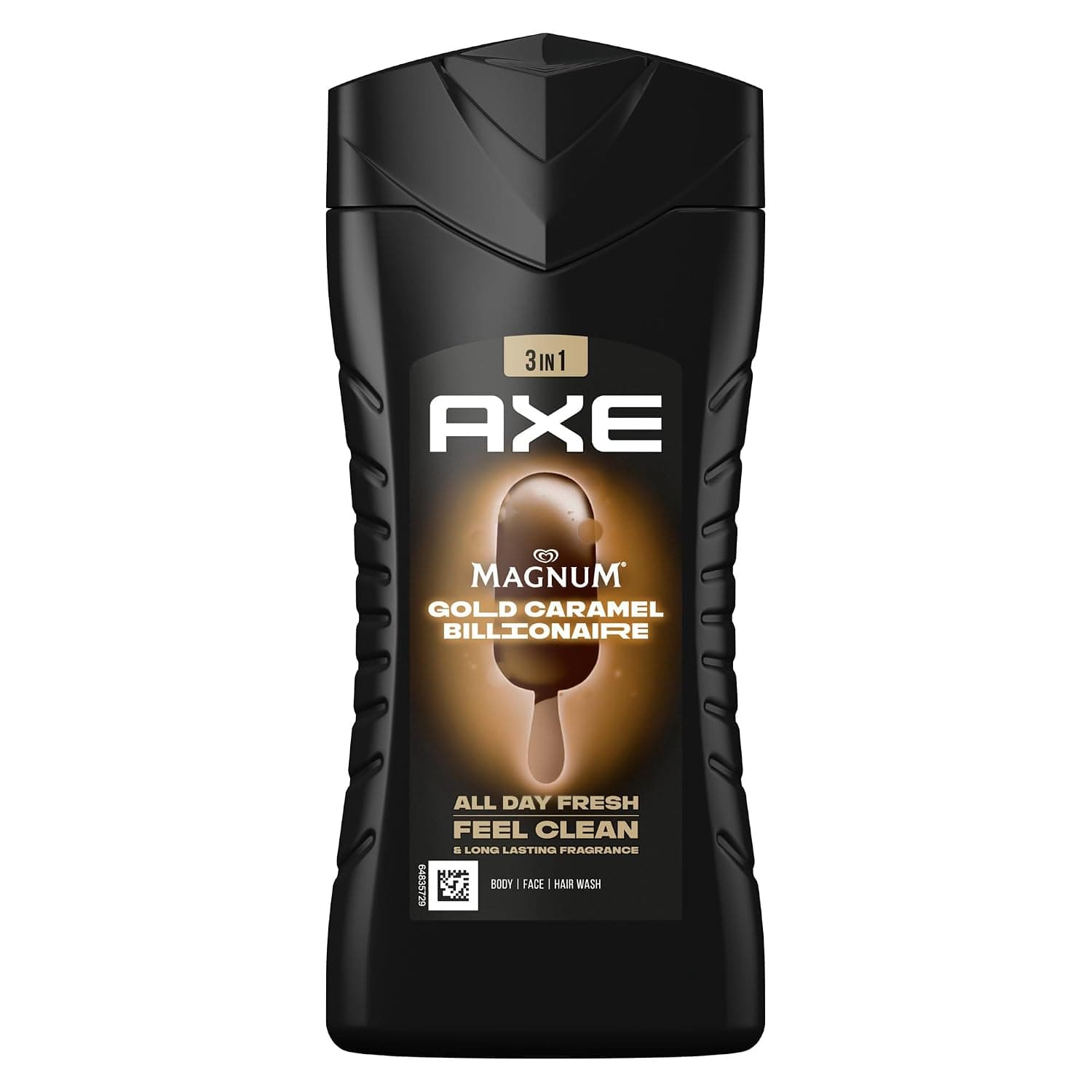 Schwarze Duschgelflasche mit geriffelten Seiten und Klappdeckel, auf dem Etikett ein Magnum-Eis am Stiel, die Aufschrift 3 in 1, AXE, Magnum Gold Caramel Billionaire, All Day Fresh Feel Clean und Body, Face, Hair Wash