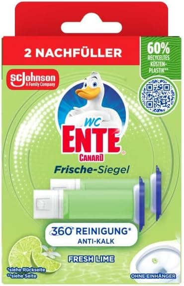 Grün-rote Faltschachtel mit dem Entenkopf-Logo von WC-Ente, Aufschrift Frische-Siegel, 2 Nachfüller, 360 Grad Reinigung, Anti-Kalk, Fresh Lime und ohne Einhänger, oben rechts die Angabe 60 Prozent recyceltes Küstenplastik mit Sternchen
