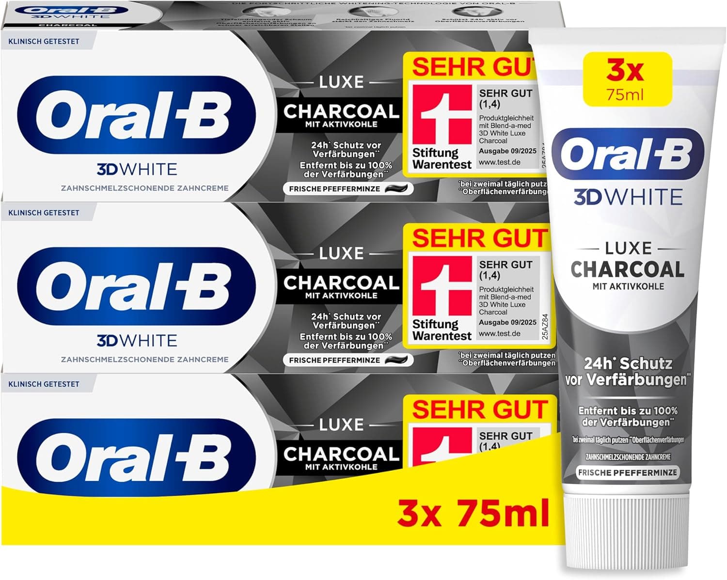 Drei gestapelte Kartons der Oral-B 3D White Luxe Charcoal Zahncreme in Weiß, Dunkelblau und Schwarz, jeder mit einem gelben Siegel der Stiftung Warentest, rechts daneben die einzelne Tube, unten ein gelbes Feld mit der Angabe 3x 75ml