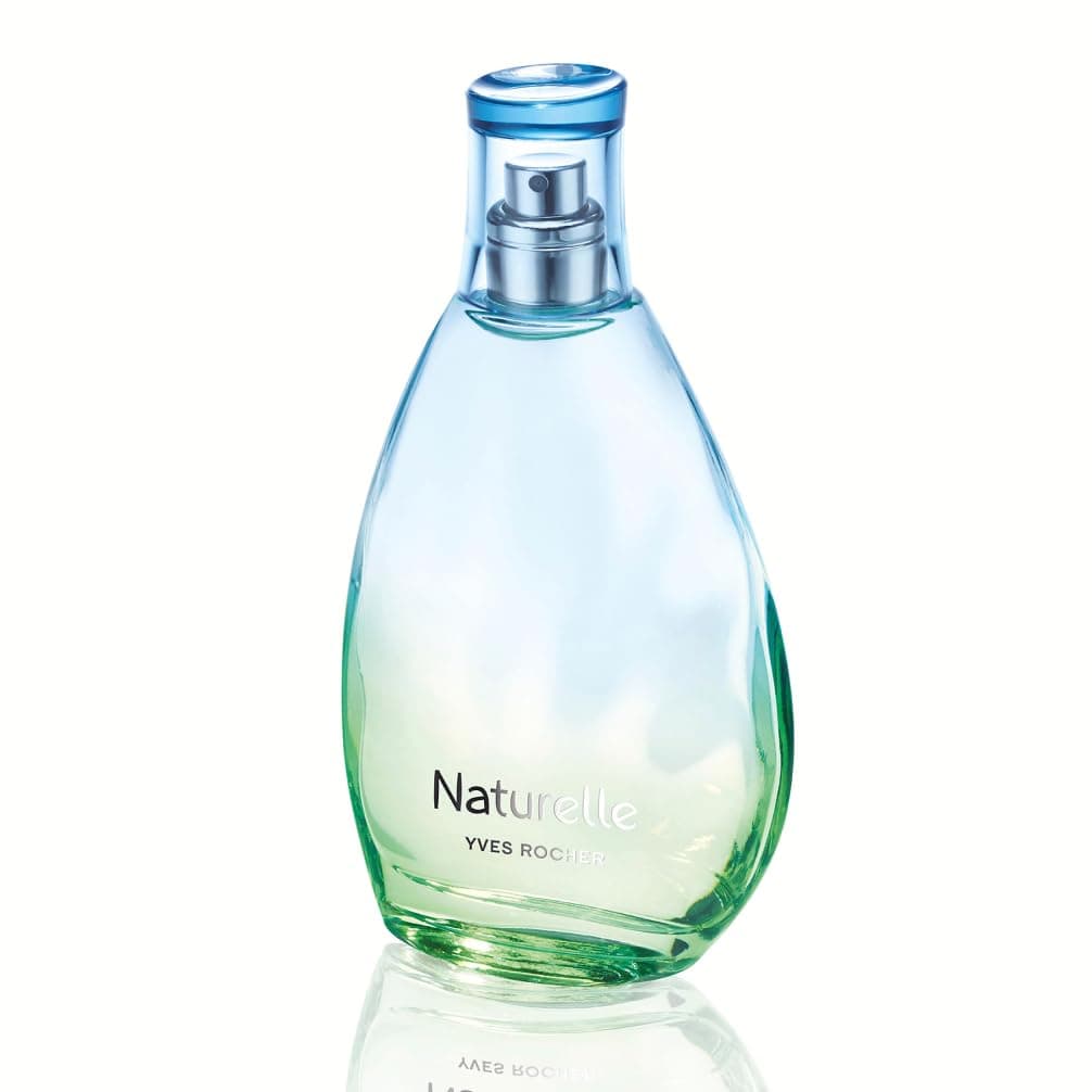 Tropfenförmiger Glasflakon des Yves Rocher Naturelle Eau de Toilette mit blau zu grün verlaufendem Glas und hellblauer Kappe