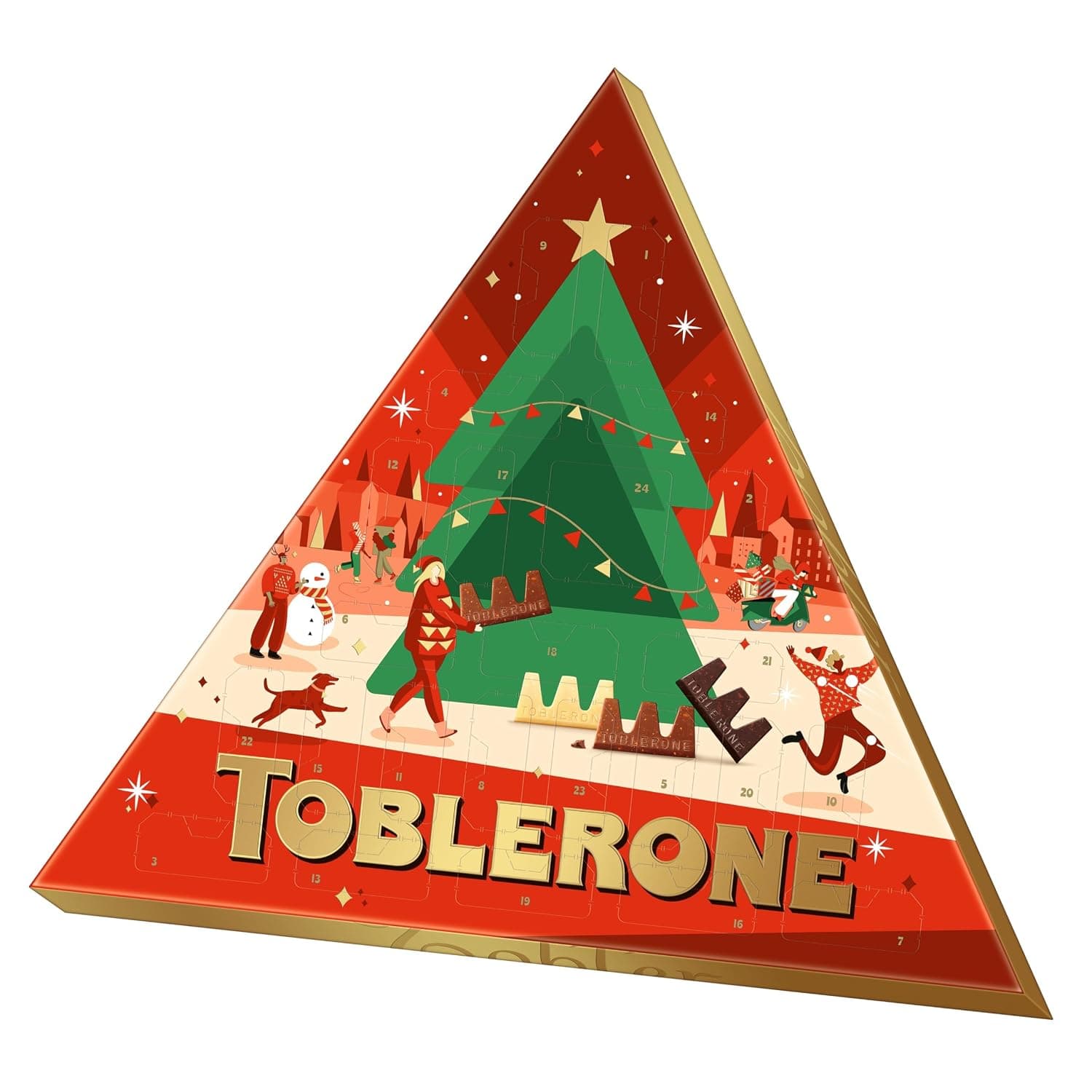 Dreieckiger Adventskalender in Rot und Grün mit Weihnachtsbaum, Schneemann und 24 nummerierten Türchen, Aufschrift Toblerone