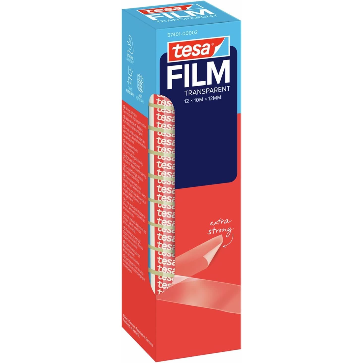 Hochformatige Packung in Rot, Blau und Weiß mit dem tesa-Logo, den Zeilen FILM, transparent und 12 x 10M x 12MM, daneben eine sichtbare Rolle Klebefilm