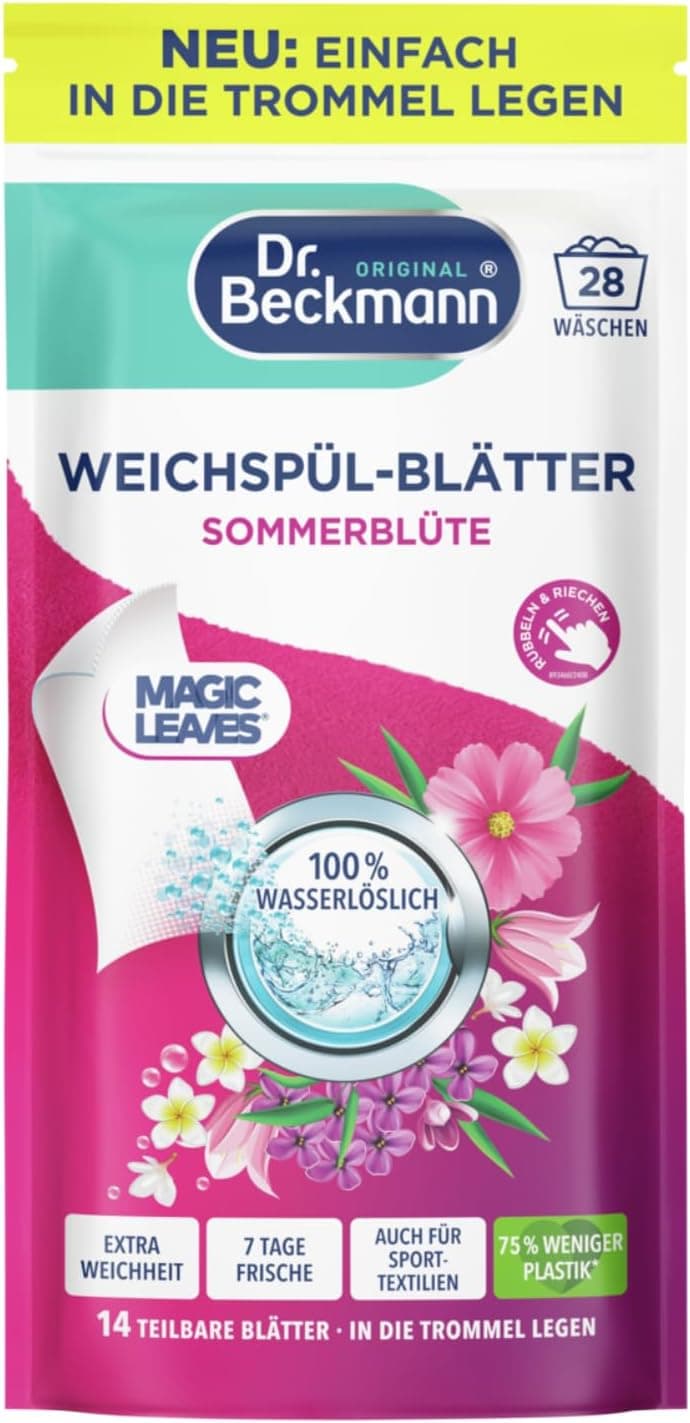 Pink-weißer Standbeutel von Dr. Beckmann mit Handtuch- und Blütenmotiv, Aufschrift Weichspül-Blätter Sommerblüte, Magic Leaves, 28 Wäschen, 100 Prozent wasserlöslich, 14 teilbare Blätter und in die Trommel legen