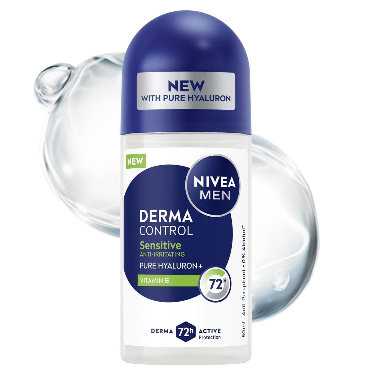 Weiße Roll-on-Flasche mit dunkelblauer Kappe, Aufschrift NIVEA MEN Derma Control Sensitive, Pure Hyaluron und Vitamin E, 50 ml
