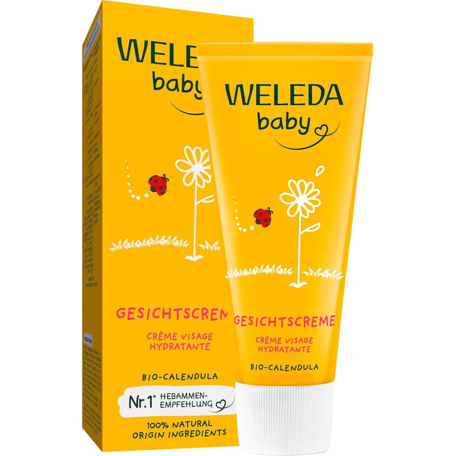 Gelbe Tube mit weißer Kappe vor einer gelben Faltschachtel, darauf das Logo WELEDA baby, eine gezeichnete Blume mit Marienkäfer und die Zeilen Gesichtscreme, Crème visage hydratante und Bio-Calendula