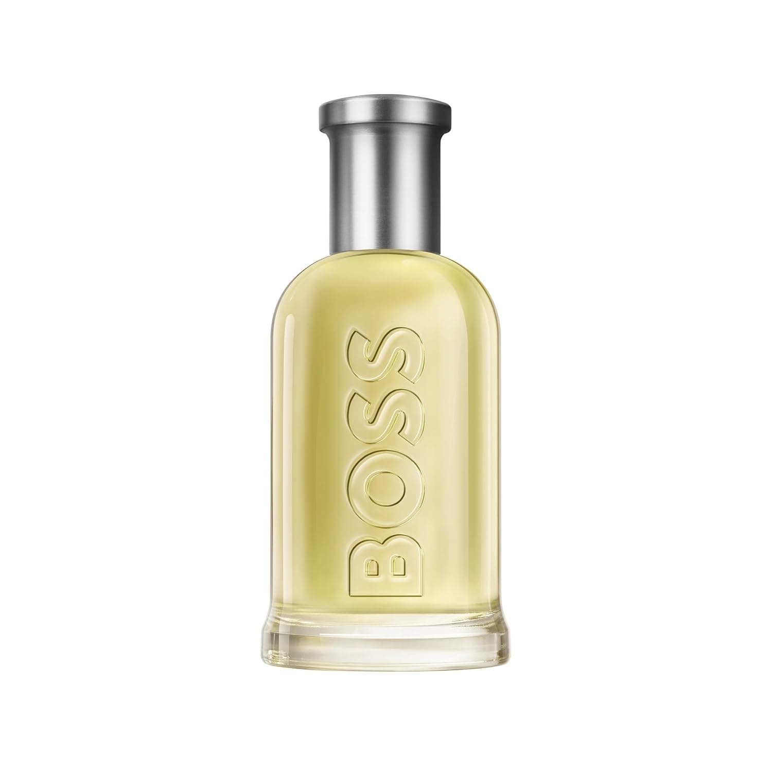 Bauchiger Flakon Boss Bottled mit hellgelber Flüssigkeit, silberner Kappe und eingeprägtem BOSS-Schriftzug