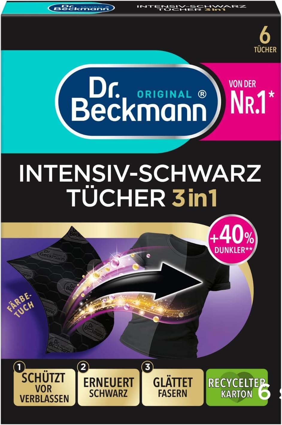 Schwarz-türkise Faltschachtel von Dr. Beckmann, Aufschrift Intensiv-Schwarz Tücher 3in1, 6 Tücher, von der Nr. 1 mit Sternchen und plus 40 Prozent dunkler mit zwei Sternchen, dazu ein Färbetuch, ein schwarzes T-Shirt und die drei Kästen schützt vor Verblassen, erneuert Schwarz und glättet Fasern