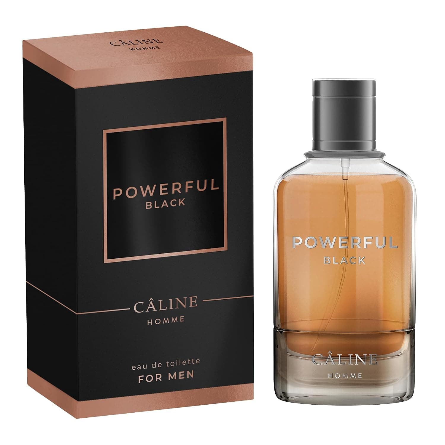 Schwarze Schachtel mit kupferfarbenem Rahmen und den Zeilen Powerful Black, Câline Homme und Eau de Toilette for Men, daneben ein Glasflakon mit bernsteinfarbenem Inhalt und grauer Kappe