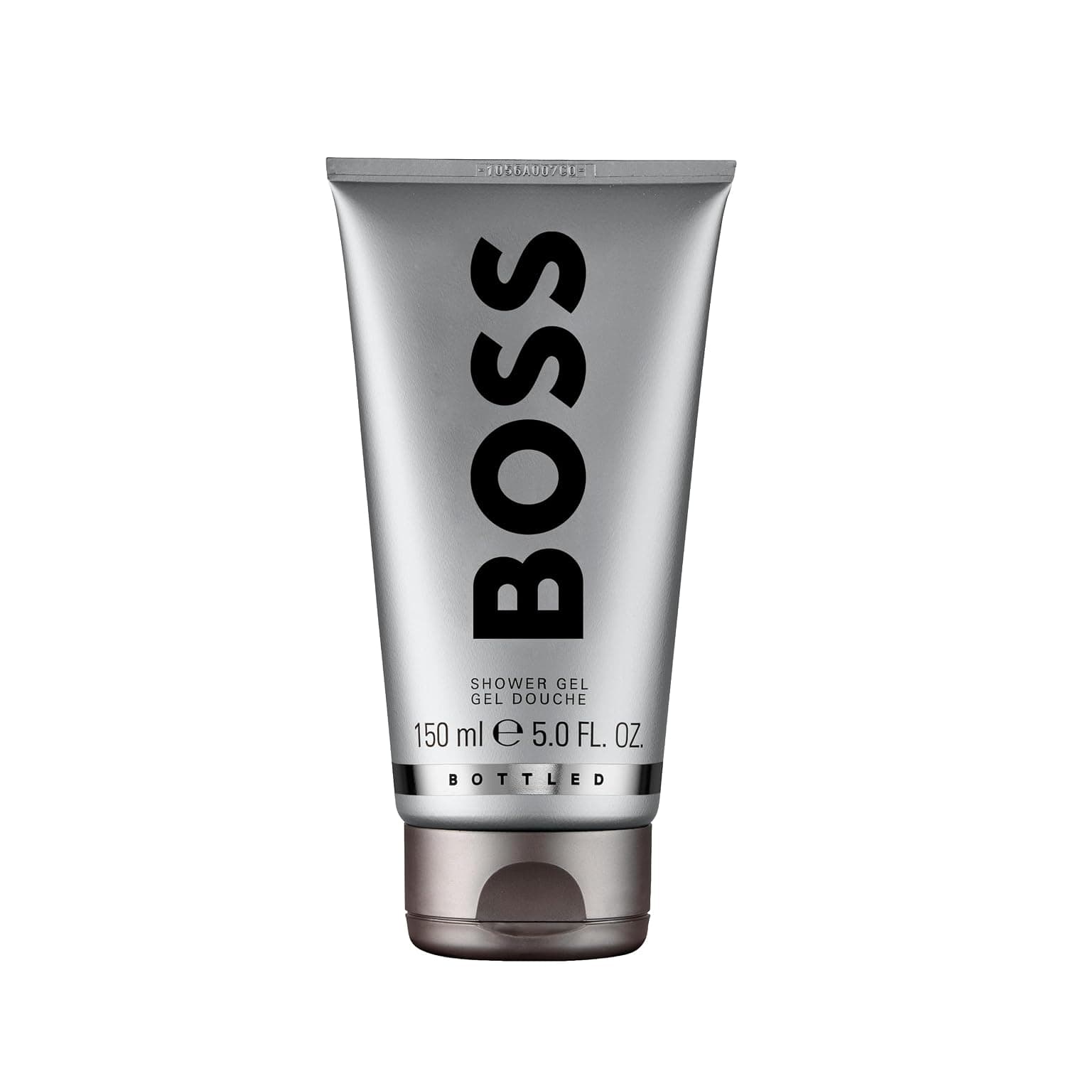 Silberne Tube Boss Bottled Shower Gel mit großem schwarzem BOSS-Schriftzug, der Angabe 150 ml und einem dunklen Verschluss am unteren Ende