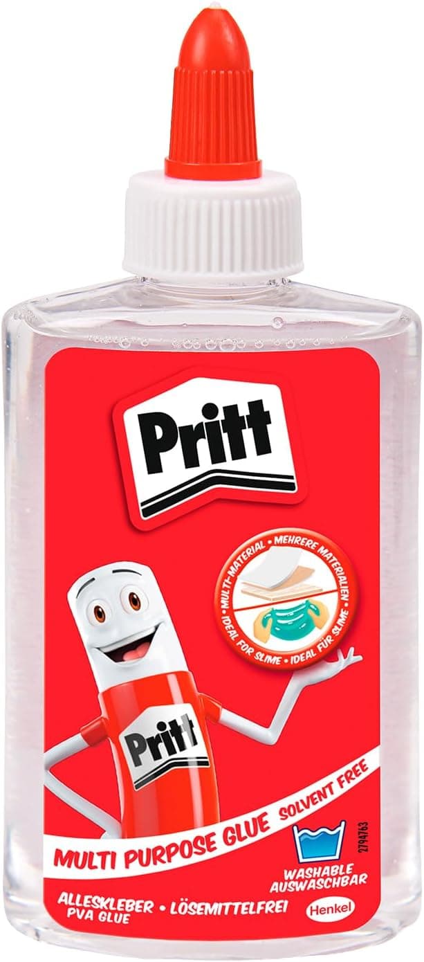 Durchsichtige Flasche mit klarem Kleber und roter Spitze unter einer weißen Schraubkappe, auf dem roten Etikett das Pritt-Logo, die Zeichenfigur des Klebestifts und die Aufschriften Multi Purpose Glue, Alleskleber, PVA Glue, lösemittelfrei und auswaschbar