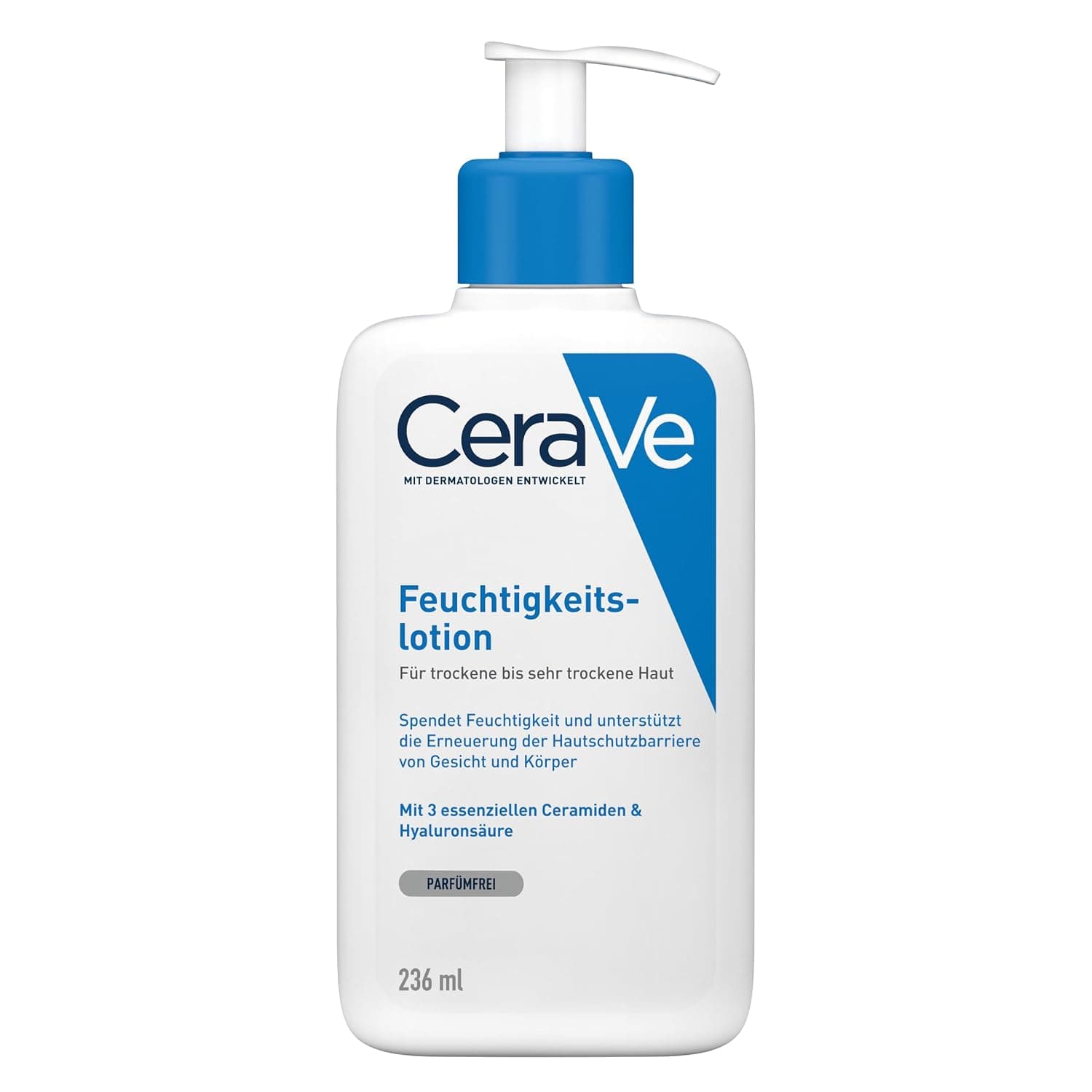 Weiße Pumpflasche mit blauem Spender und blauem Keil, Aufschrift CeraVe, Feuchtigkeitslotion, für trockene bis sehr trockene Haut, parfümfrei und 236 ml