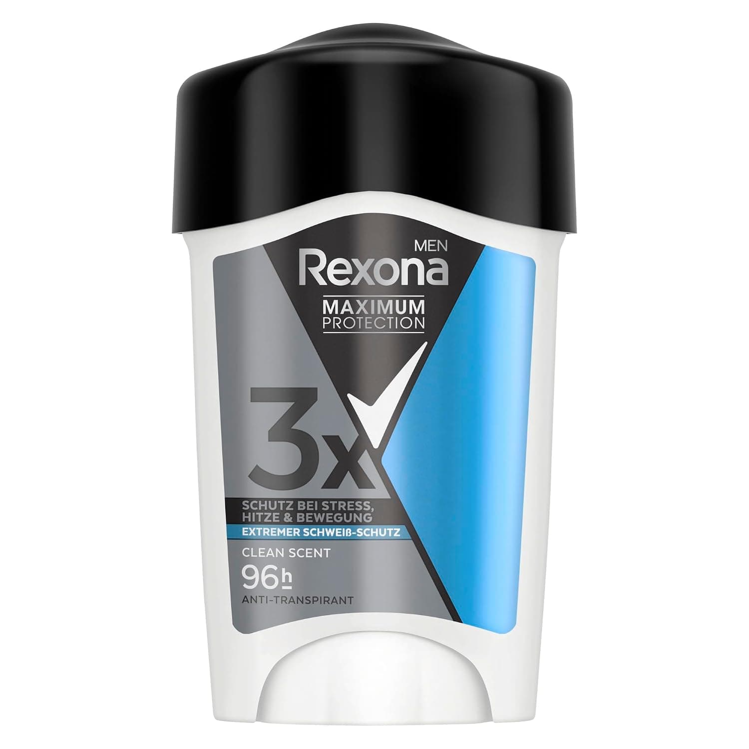 Weißer Creme-Stick mit schwarzem Deckel, auf der Verpackung Rexona Men, Maximum Protection, 3x Schutz bei Stress, Hitze und Bewegung, extremer Schweiß-Schutz, Clean Scent und 96h Anti-Transpirant