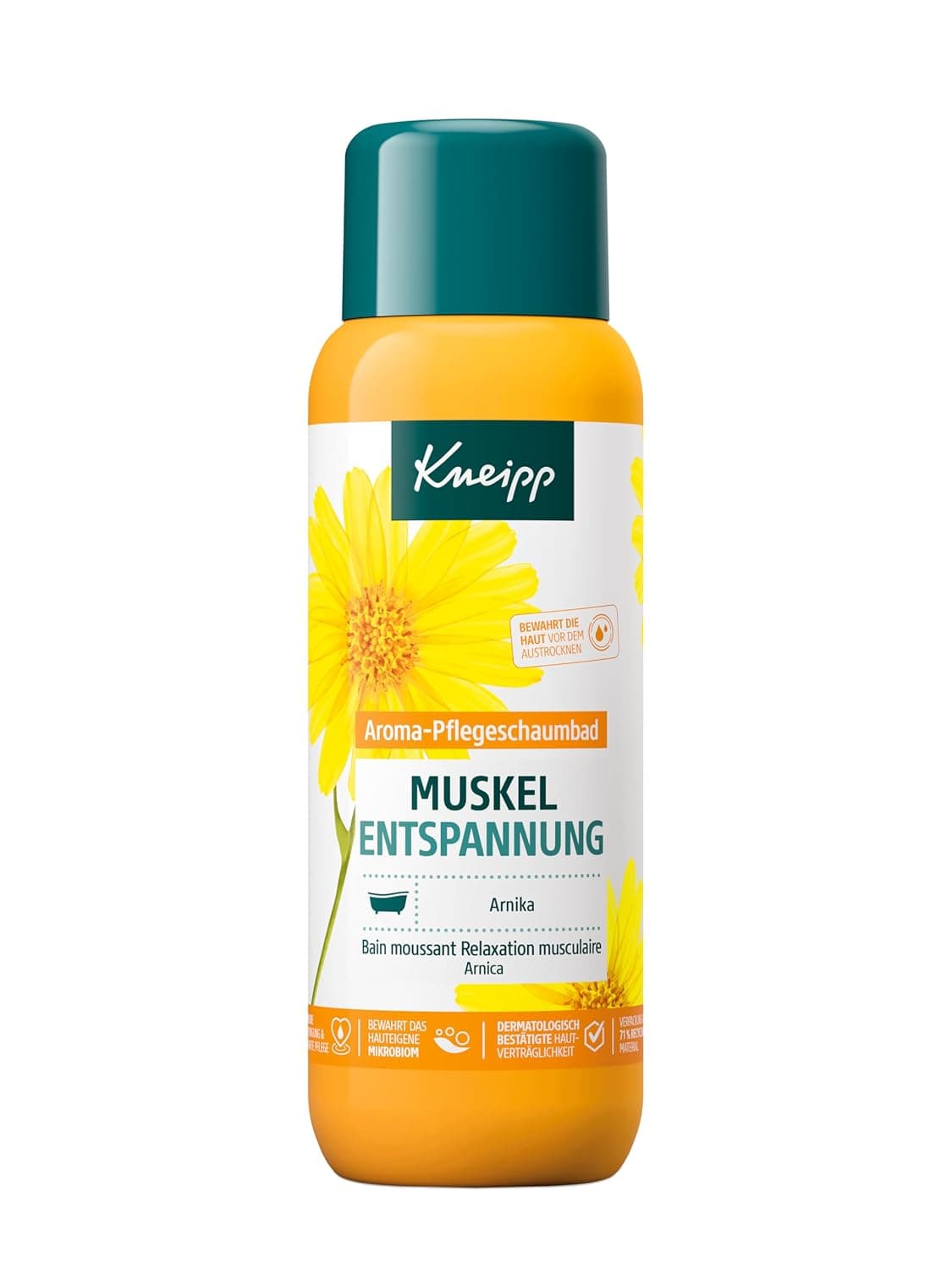 Orange Flasche des Kneipp Aroma-Pflegeschaumbads Muskel Entspannung mit dunkelgrünem Deckel und gelber Arnikablüte