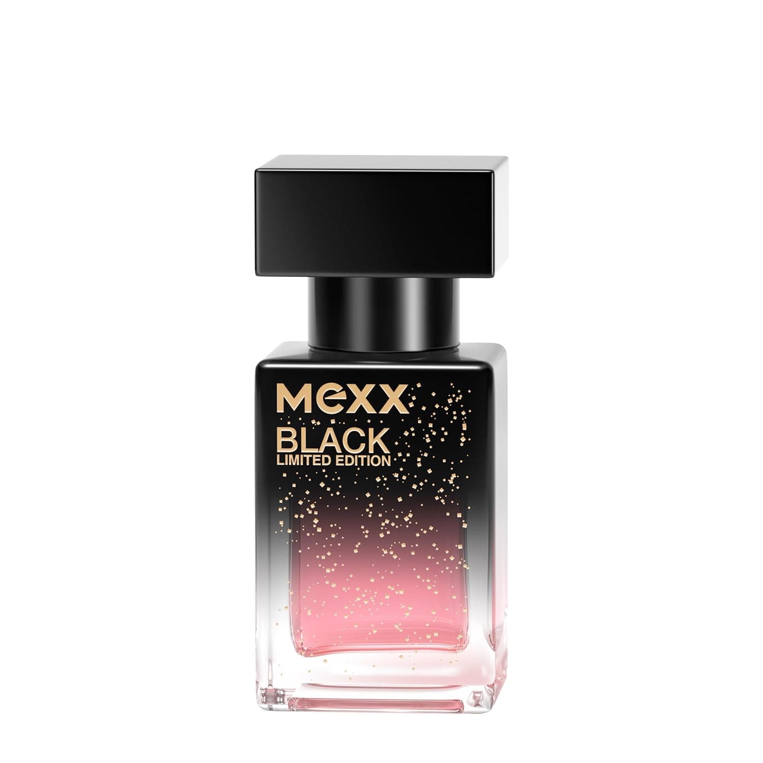 Eckiger Glasflakon mit schwarzem Quaderdeckel, von schwarz nach rosa verlaufend und mit goldenen Partikeln, Aufschrift MEXX Black Limited Edition