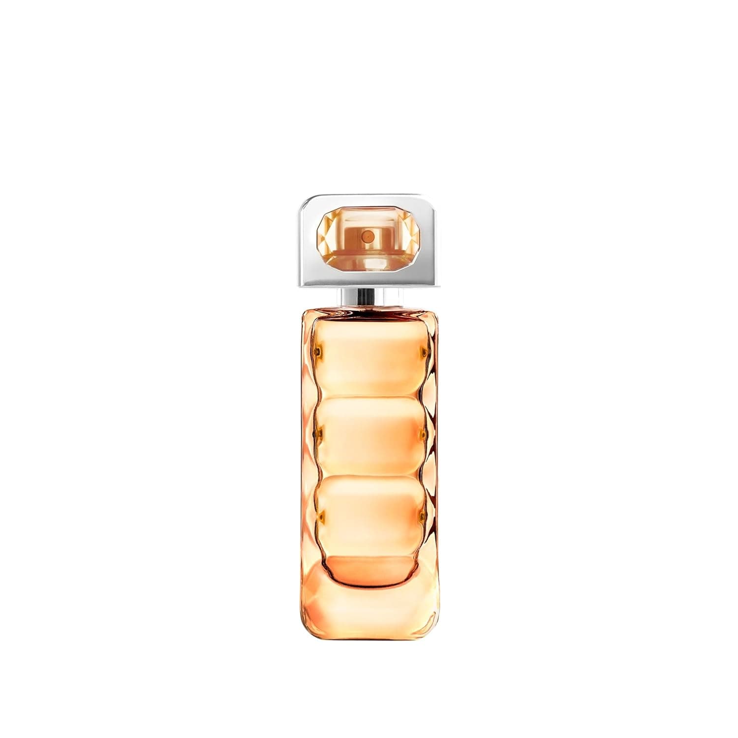 Orangefarbener, kantiger Flakon des Boss Orange Woman Eau de Toilette mit silberner Kappe, 30 Milliliter