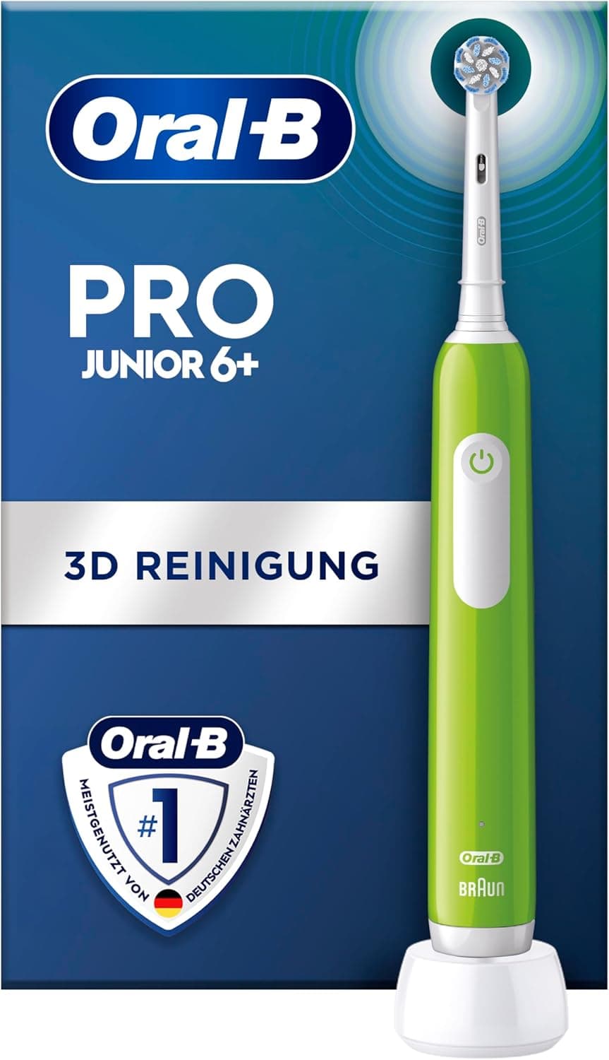 Blaue Verpackung mit einer grünen elektrischen Zahnbürste auf einer weißen Ladestation, darauf die Schriftzüge Pro Junior 6+ und 3D Reinigung sowie ein Oral-B-Siegel mit der Zeile meistgenutzt von deutschen Zahnärzten