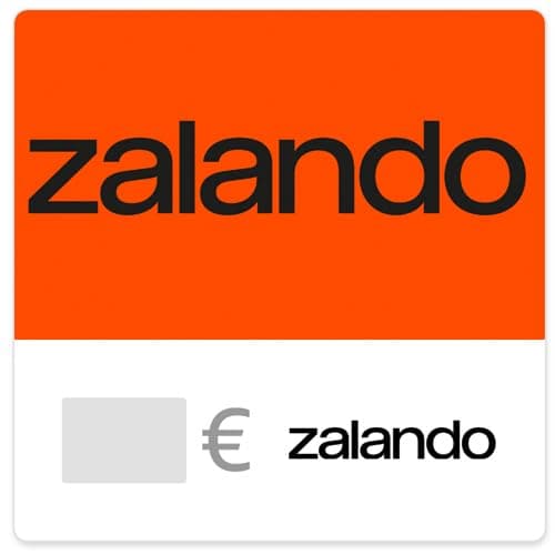 Zalando-Geschenkkarte, obere Hälfte orange mit dem schwarzen Schriftzug zalando, untere Hälfte weiß mit Eurozeichen und Betragsfeld