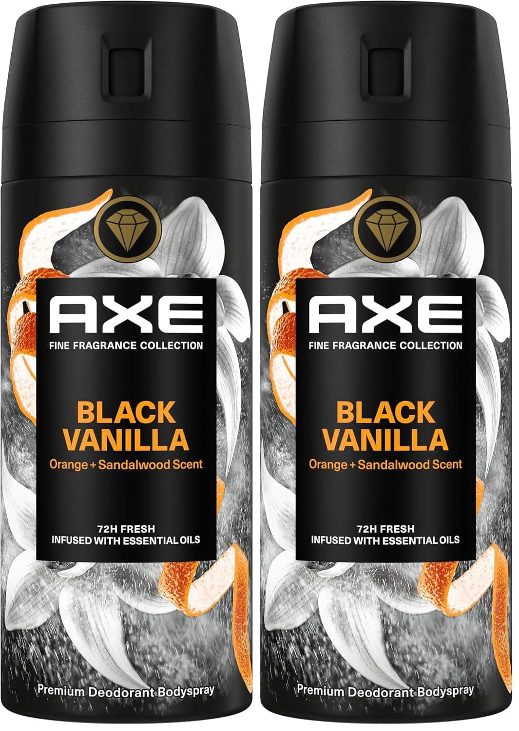 Zwei schwarze Axe-Dosen Black Vanilla mit orangefarbener Schrift und einem Motiv aus Orangenschale und heller Blüte