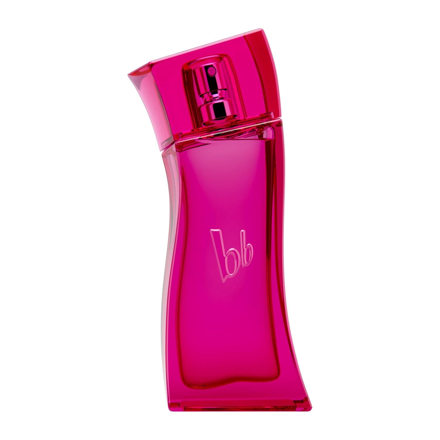 Pinkfarbener Flakon des bruno banani Pure Woman mit geschwungener Taille, Zerstäuber und eingeprägtem bb-Monogramm
