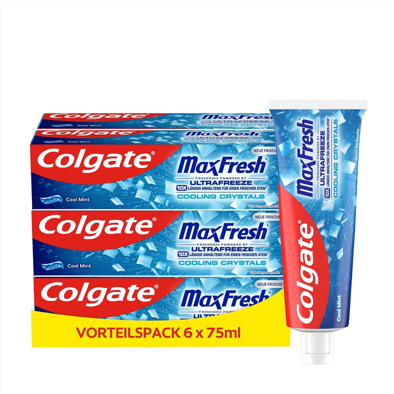 Drei blau-rote Faltschachteln Colgate MaxFresh übereinander und daneben eine Tube, Aufschrift Ultrafreeze, 10x länger anhaltend für einen frischen Atem mit Sternchen, Cooling Crystals, Cool Mint und ein gelber Balken mit der Zeile Vorteilspack 6 x 75 ml