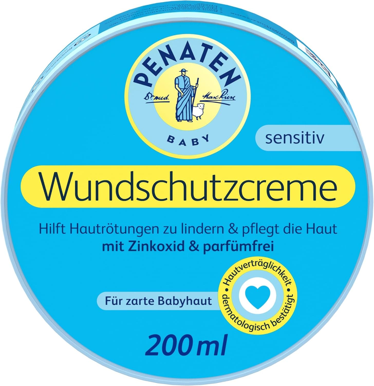 Runde hellblaue Dose der Penaten Wundschutzcreme sensitiv mit 200 Millilitern
