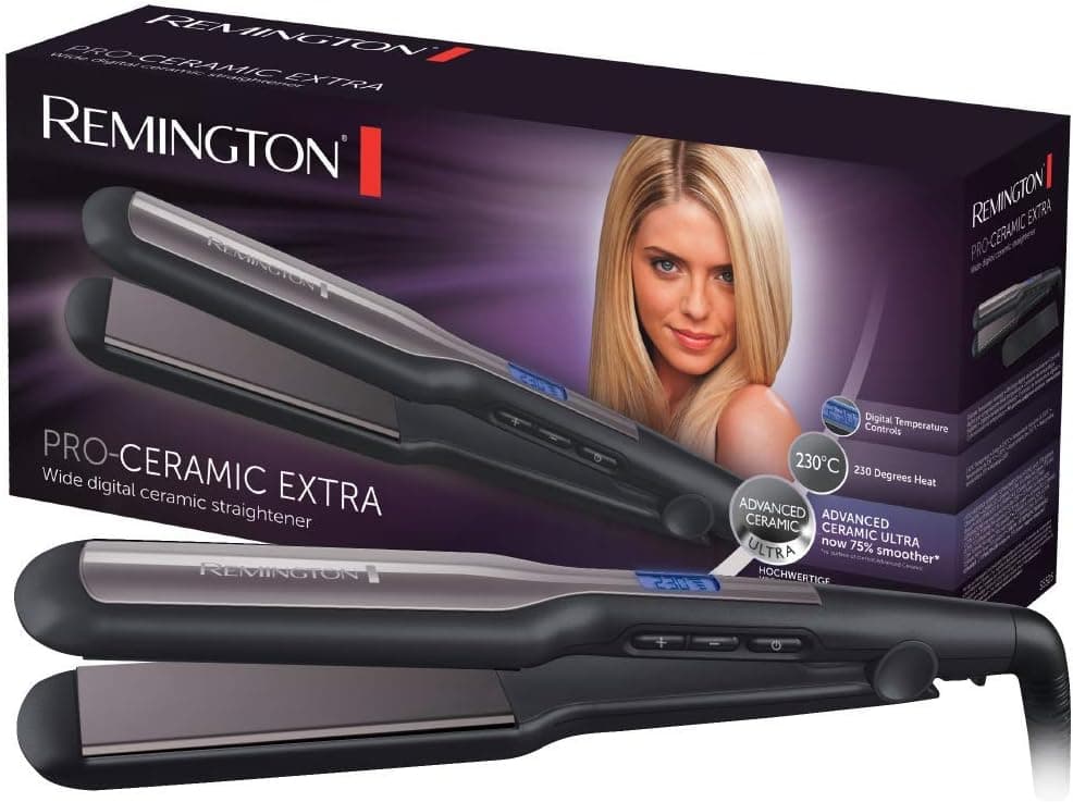 Lila-schwarze Verpackung des Remington Pro-Ceramic Extra mit dem Foto einer Frau mit langem hellem Haar, davor das schwarze Glätteisen mit hellen Keramikplatten und blau leuchtender Anzeige