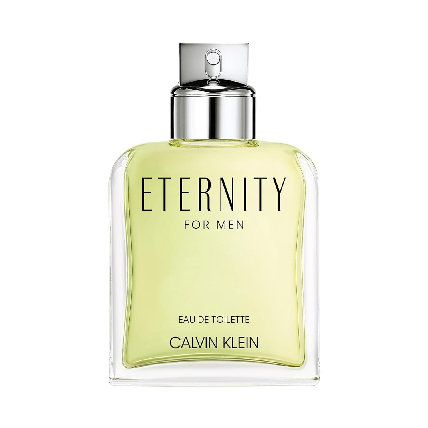 Rechteckiger Glasflakon des Calvin Klein Eternity for Men Eau de Toilette mit silberner Kappe und hellgrüner Duftflüssigkeit