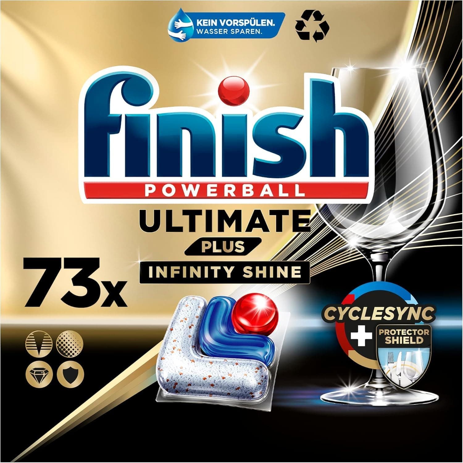 Goldene Verpackung der Finish Powerball Ultimate Plus Infinity Shine Spülmaschinentabs mit der Angabe 73 Stück und einem Weinglas