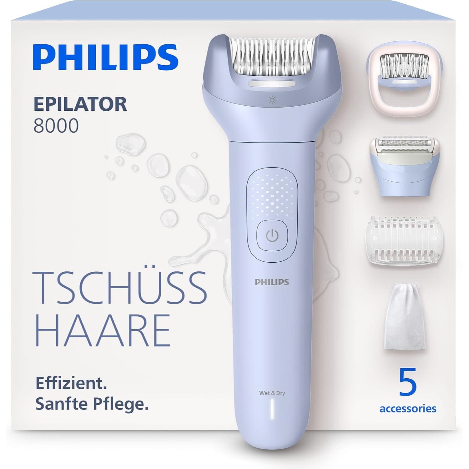 Verpackung eines hellblauen Philips Epilierers mit der Aufschrift Epilator 8000, Tschüss Haare, Wet and Dry und 5 accessories, daneben abgebildet vier Aufsätze