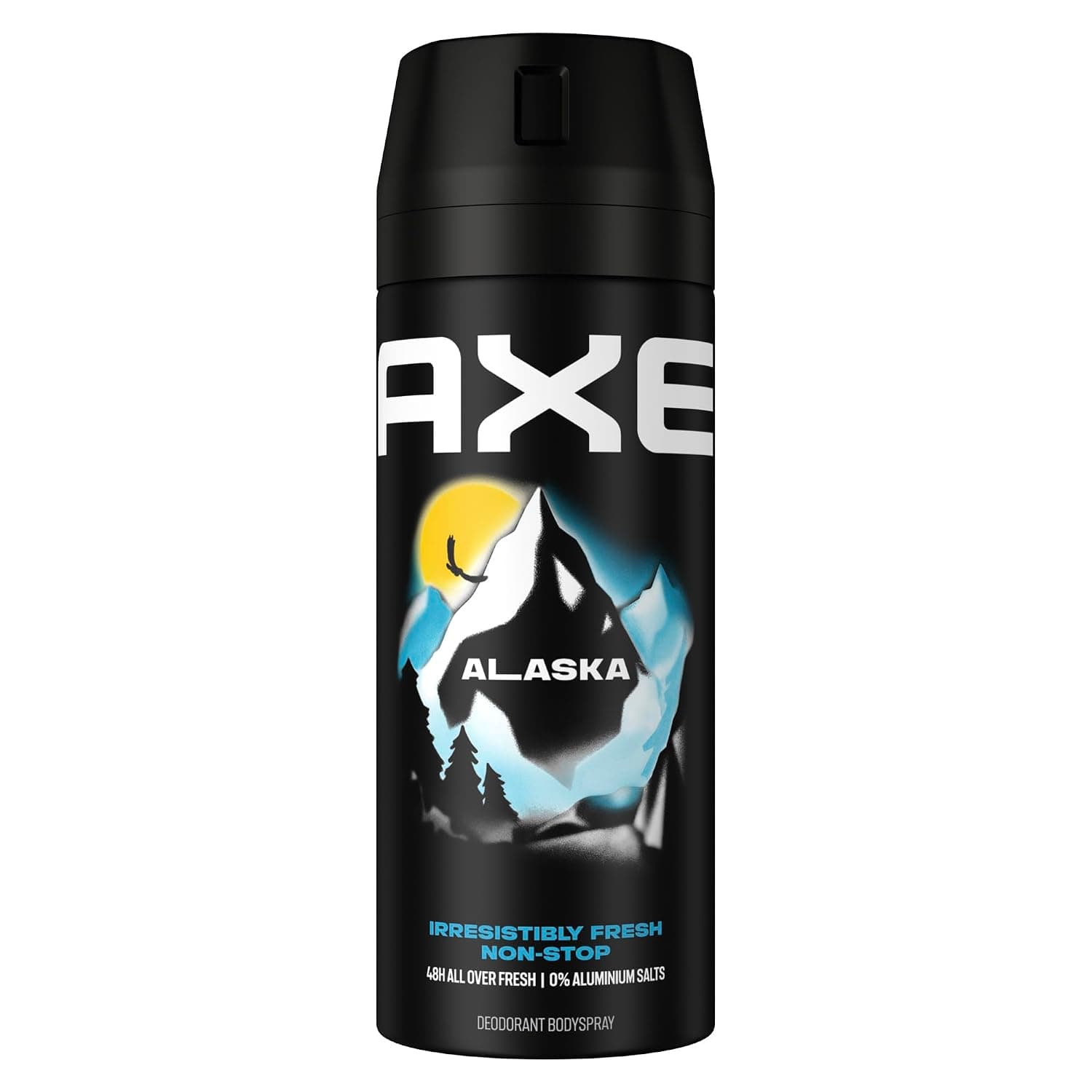 Schwarze Axe-Sprühdose mit weißem Schriftzug AXE, darunter ein gemalter Berg mit Schnee, dunklen Tannen und gelber Sonne, quer darüber das Wort Alaska, unten die Zeilen Irresistibly Fresh Non-Stop und 48H All Over Fresh, 0% Aluminium Salts