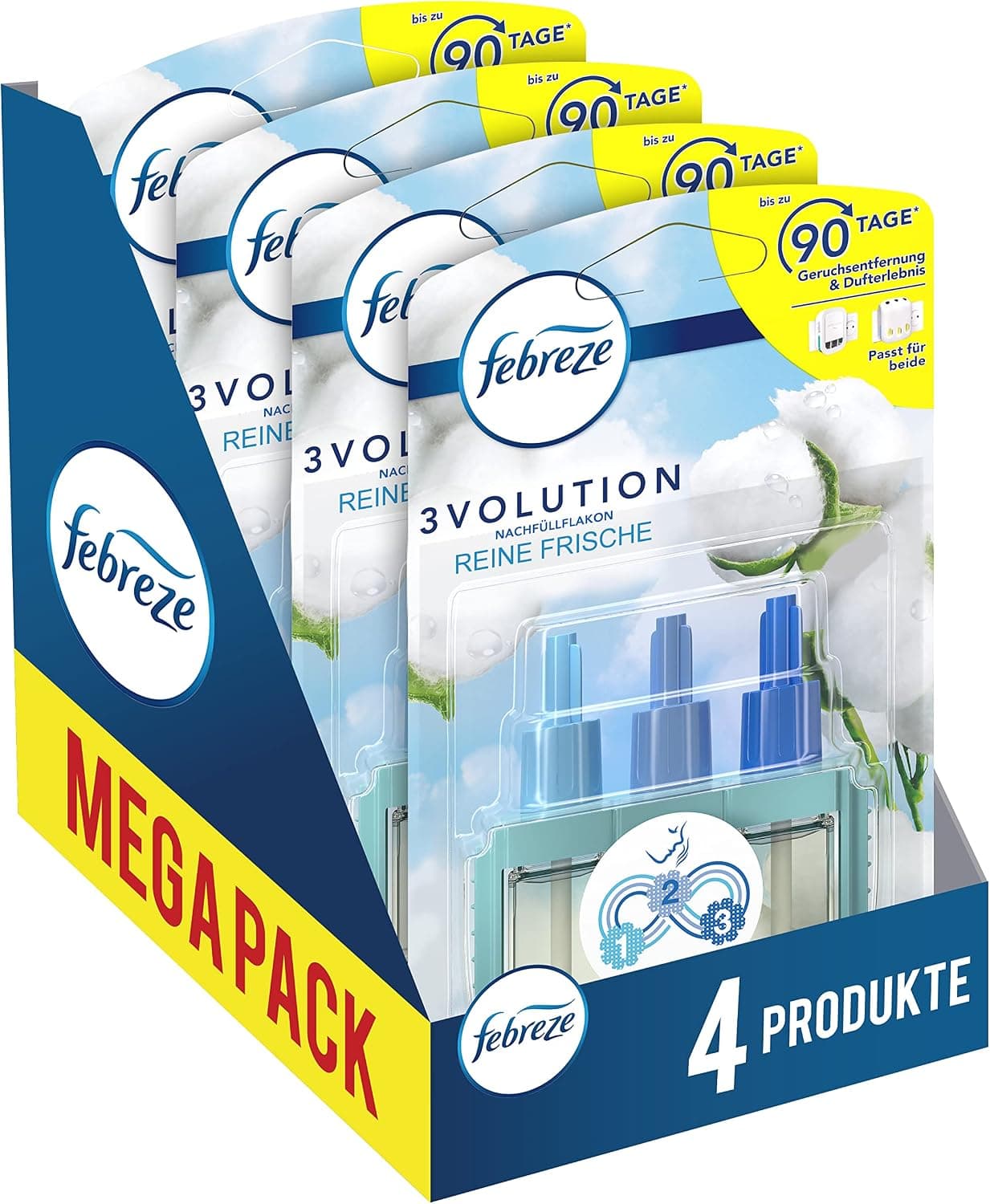 Vier blau-weiße Blisterpackungen hintereinander in der Umverpackung, Aufschrift Febreze 3Volution Nachfüllflakon, Reine Frische, bis zu 90 Tage Geruchsentfernung und Dufterlebnis, dazu ein gelber Balken mit Megapack und 4 Produkte