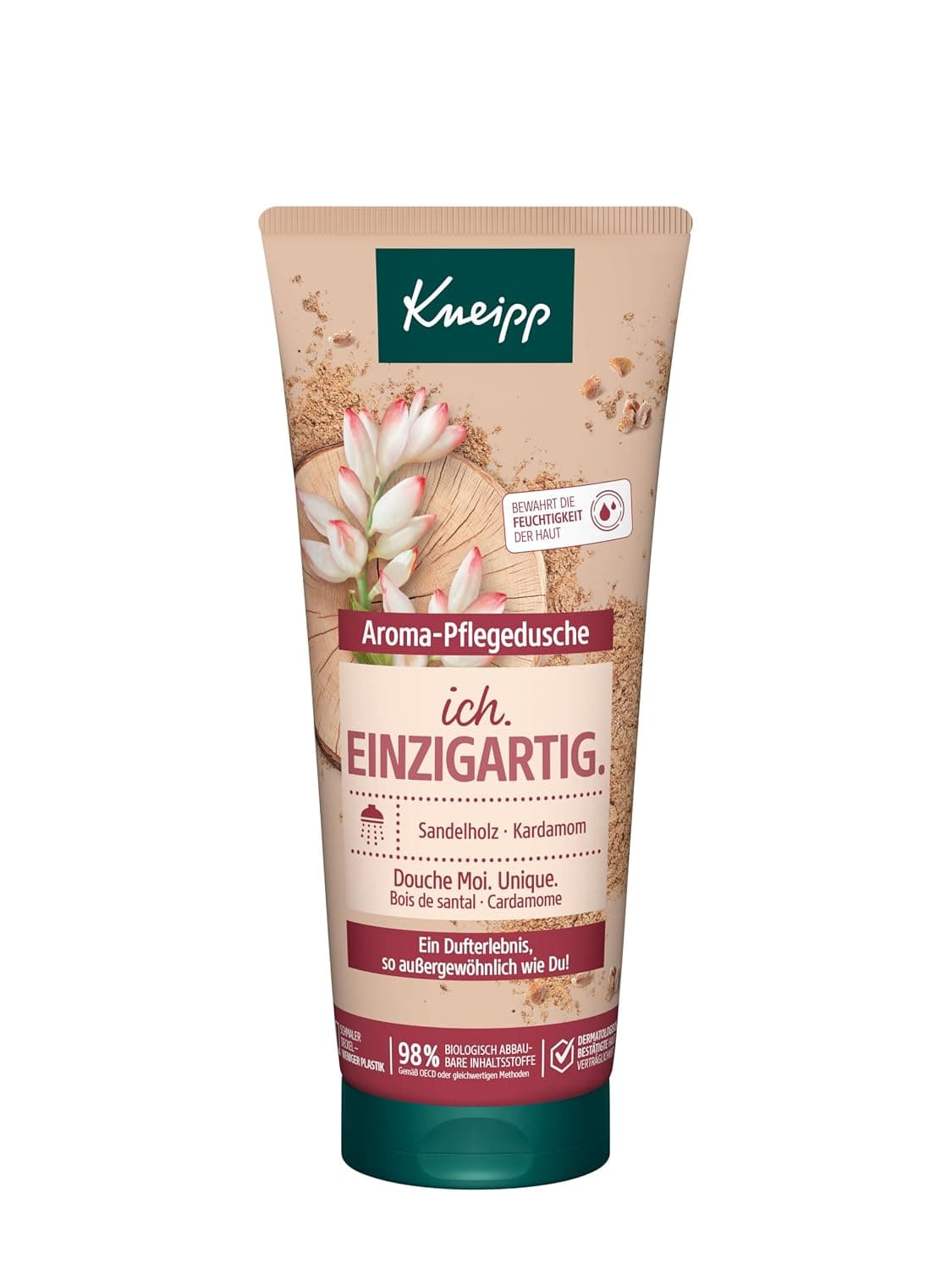 Beigefarbene Duschgel-Tube von Kneipp mit Sandelholzscheibe und weißen Kardamomblüten, Aufschrift Aroma-Pflegedusche, ich. Einzigartig., Sandelholz und Kardamom, dazu die Angaben 98 Prozent biologisch abbaubare Inhaltsstoffe und dermatologisch bestätigte Verträglichkeit